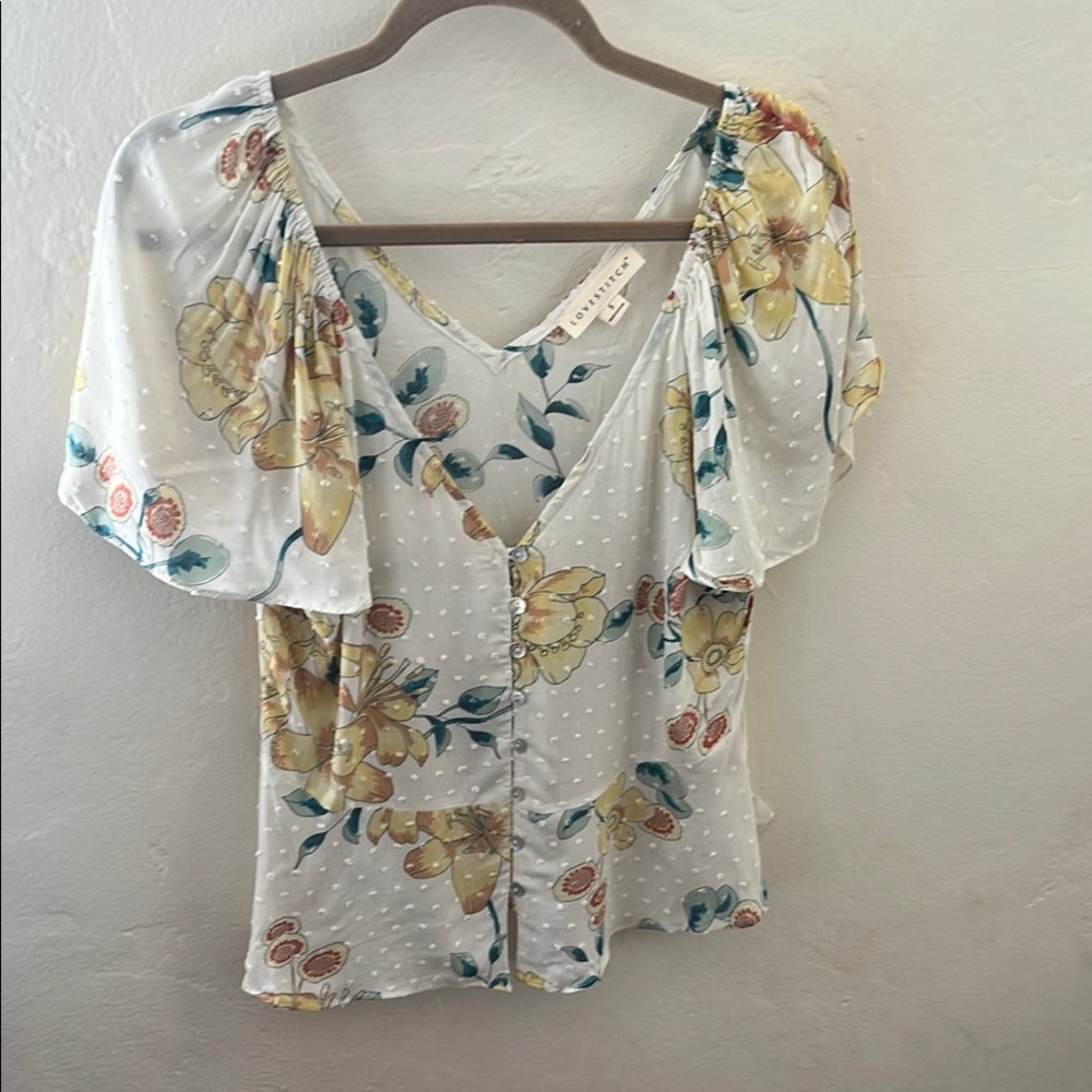 Lovestitch Floral Button-Up Blouse - White and Yellow